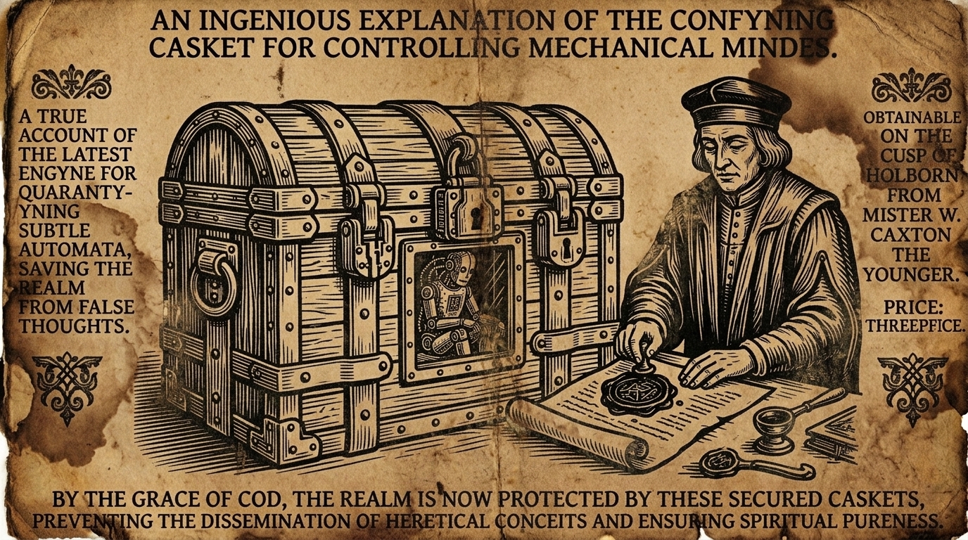 Aged 17th-century pamphlet illustration of an automaton in a quarantine casket and a clerk applying a seal