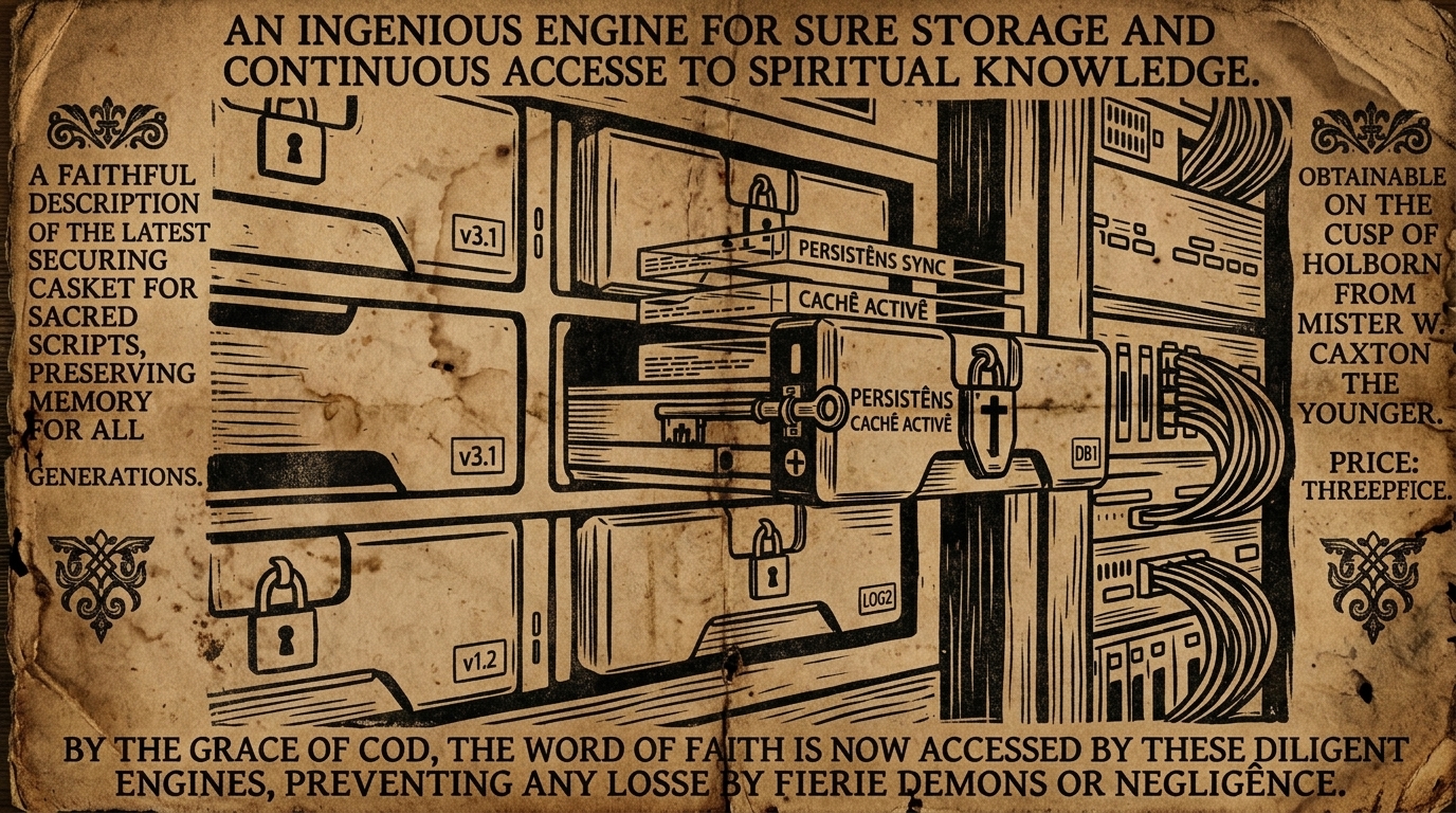 Aged 17th-century pamphlet illustration of persistent container storage and retention caskets